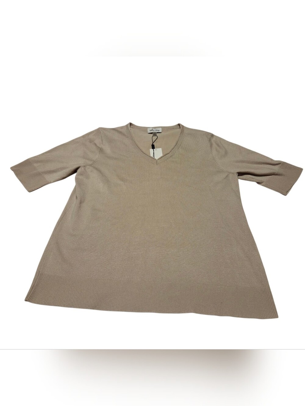 Women’s Melissa Paige Beige V-Neck Fine Knit Short Sleeve Sweater Top XL